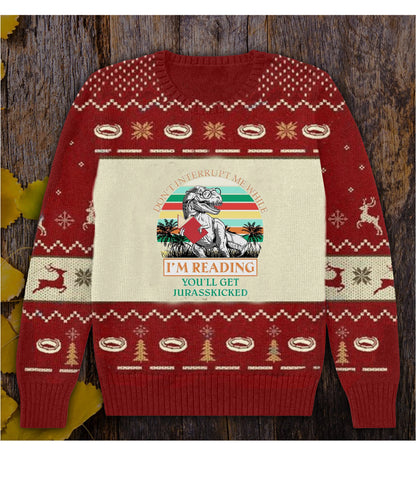 Ná Cuir isteach orm agus mé ag léamh Gheobhaidh tú geansaí Jurasskicked Books, Geansaí Gránna Nollag