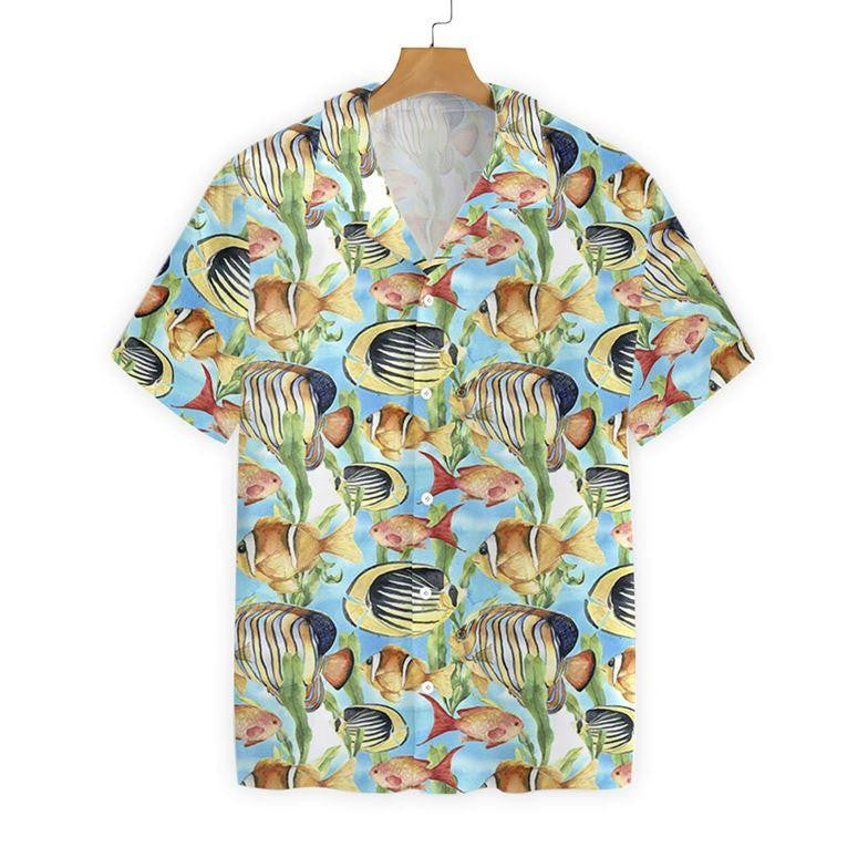 Hand Painted Tropic Fish Design Hawaiian Shirt, Hawaiian For Gift