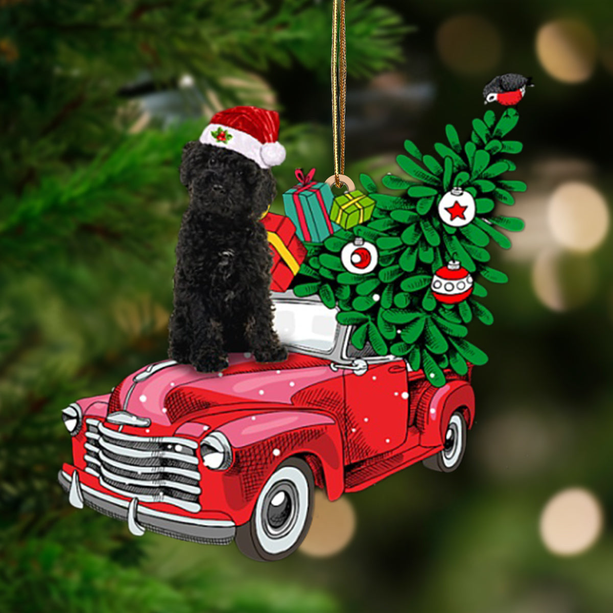 BLACK Labradoodle-Pine Truck Hanging Christmas Plastic Hanging Ornament, Christmas Ornament Gift, Christmas Gift, Christmas Decoration