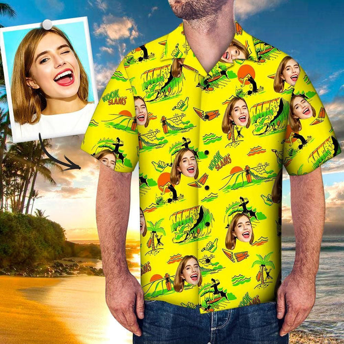 Funny Girl Surfing In Yellow Custom Photo Hawaiian Shirt, Hawaiian Shirt Gift, Christmas Gift