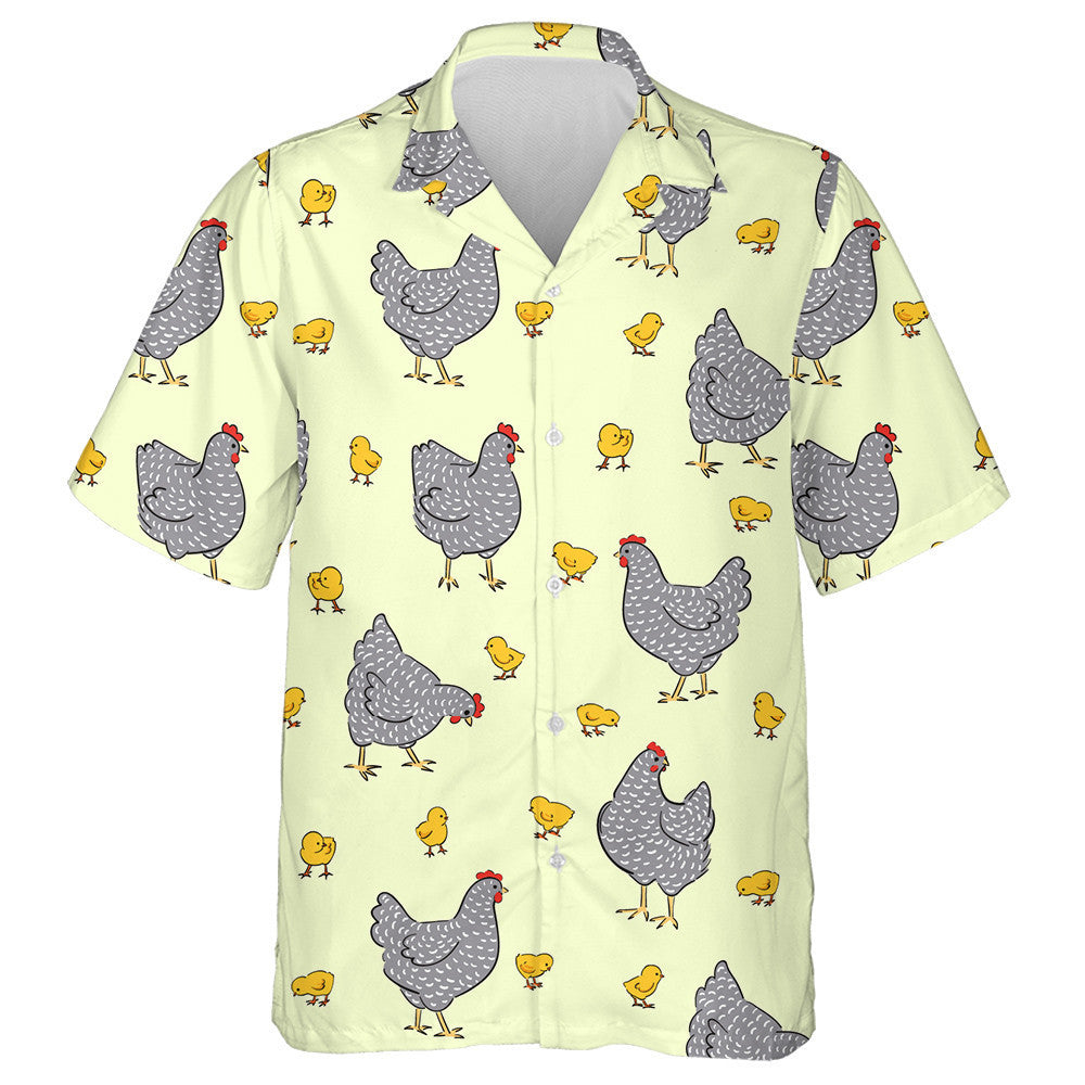 Beautiful Hen And Chicken On Yellow Background Hawaiian Shirt, Hawaiian Shirt Gift, Christmas Gift
