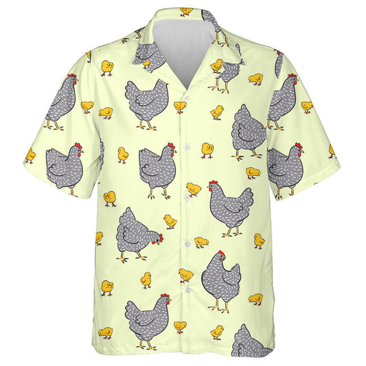 Beautiful Hen And Chicken On Yellow Background Hawaiian Shirt, Hawaiian Shirt Gift, Christmas Gift