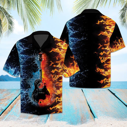 Flame And Ice Guitar Design Hawaiian Shirt,Hawaiian Shirt Gift, Christmas Gift