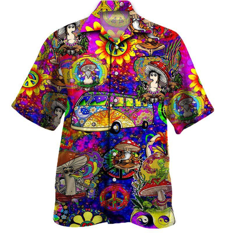 Trippy Hippie Peace Signs Bus Mushroom Pattern Hawaiian Shirt, Hawaiian Shirt Gift, Christmas Gift