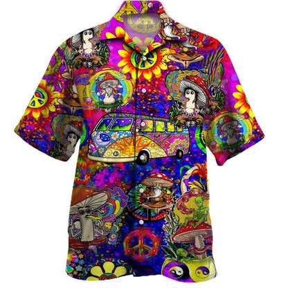 Trippy Hippie Peace Signs Bus Mushroom Pattern Hawaiian Shirt, Hawaiian Shirt Gift, Christmas Gift