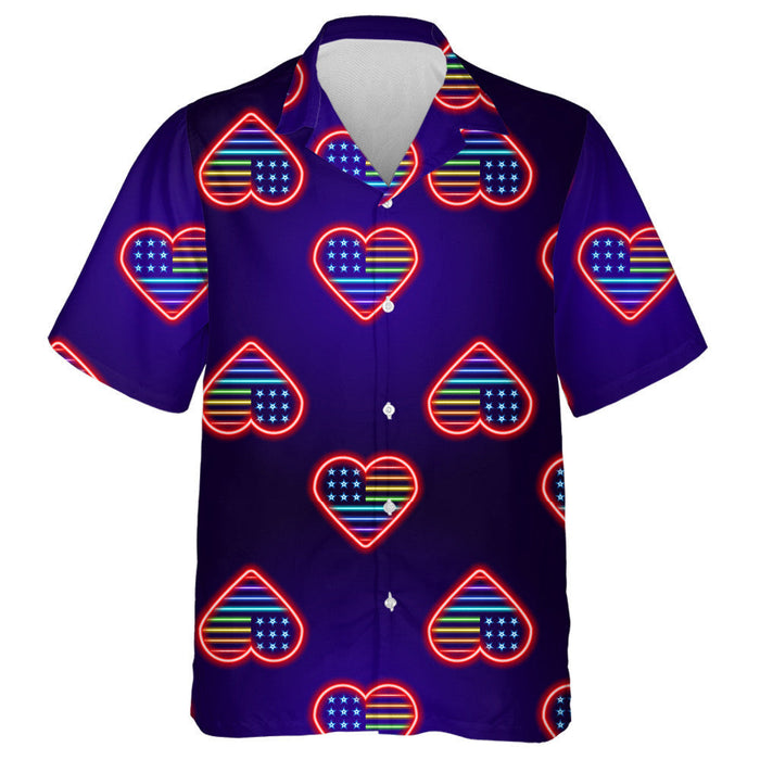 Ideal Neon Heart American Flag Monochrome Blue Background Hawaiian Shirt, Hawaiian Shirt Gift, Christmas Gift