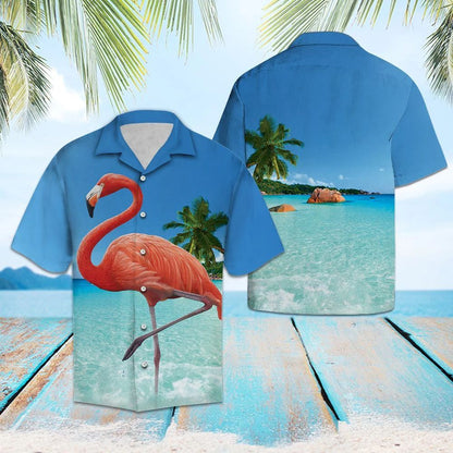 Flamingo At The Beach Palm Tree Island Hawaiian Shirt Hawaiian Shirt Gift, Christmas Gift