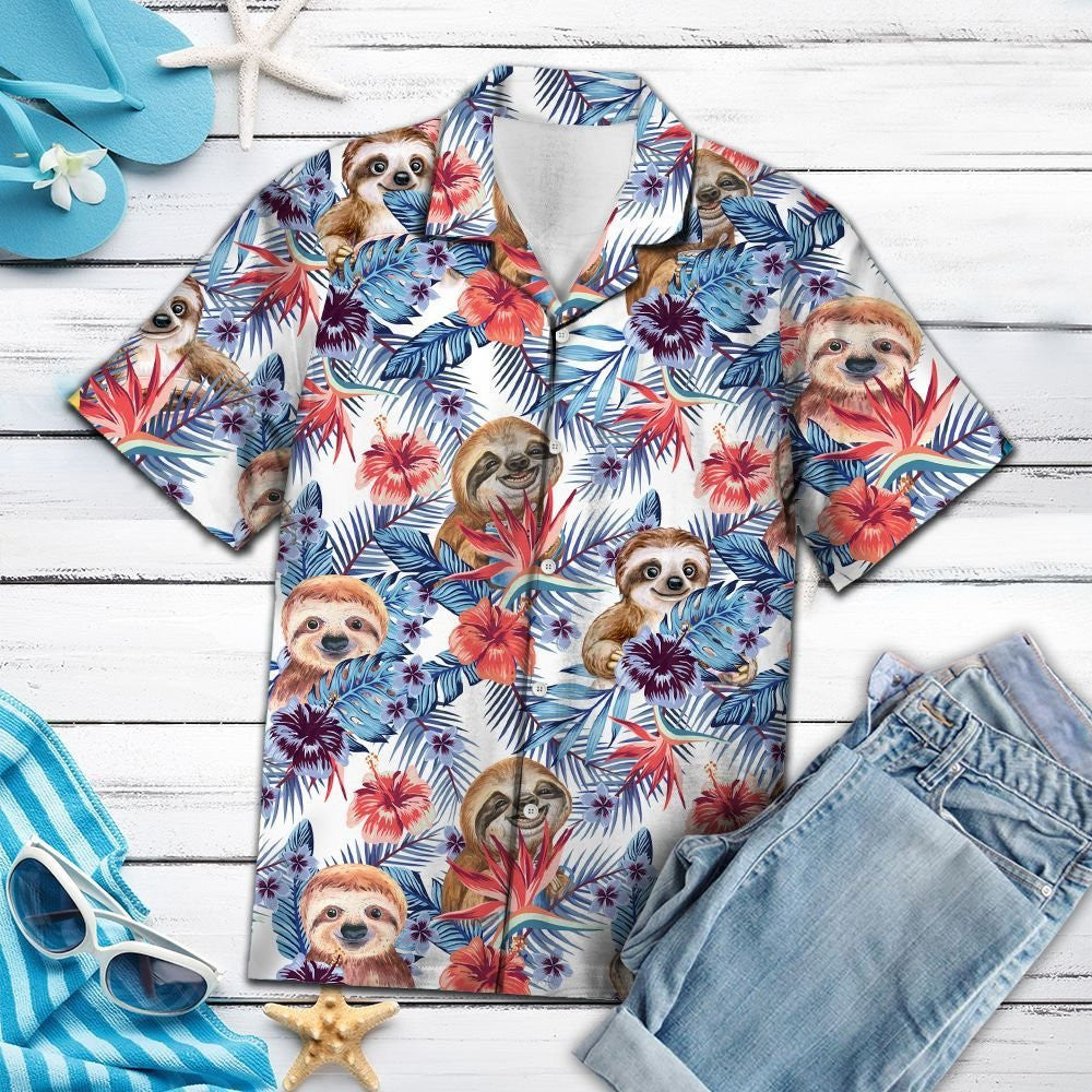 Sloth With Paradise Flowers And Hibiscus Hawaiian Shirt,Hawaiian Shirt Gift, Christmas Gift