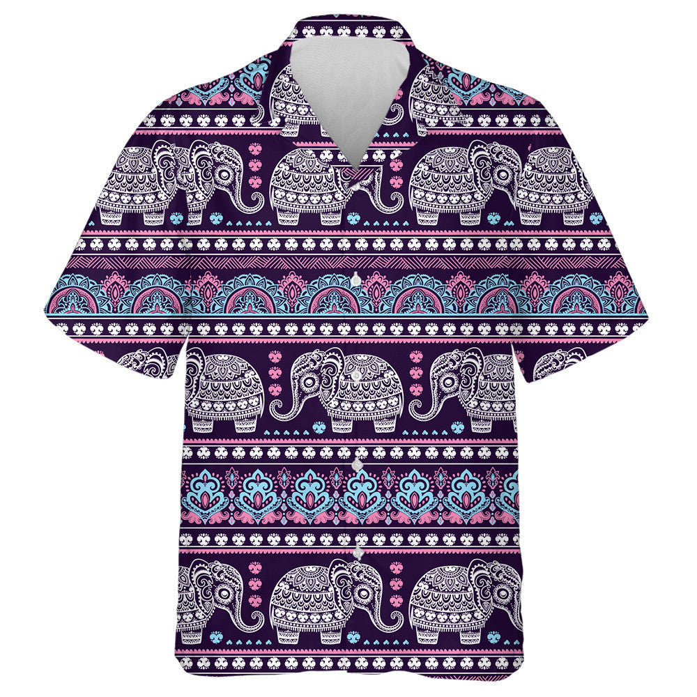 Indian Lotus Ethnic Elephant On Violet Background Hawaiian Shirt, Hawaiian Shirt Gift, Christmas Gift