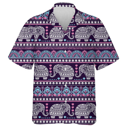 Indian Lotus Ethnic Elephant On Violet Background Hawaiian Shirt, Hawaiian Shirt Gift, Christmas Gift