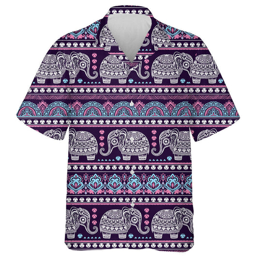 Indian Lotus Ethnic Elephant On Violet Background Hawaiian Shirt, Hawaiian Shirt Gift, Christmas Gift