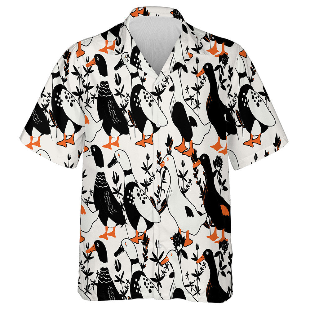 Cartoon Black White Ducks And Herbs Hawaiian Shirt, Hawaiian For Gift