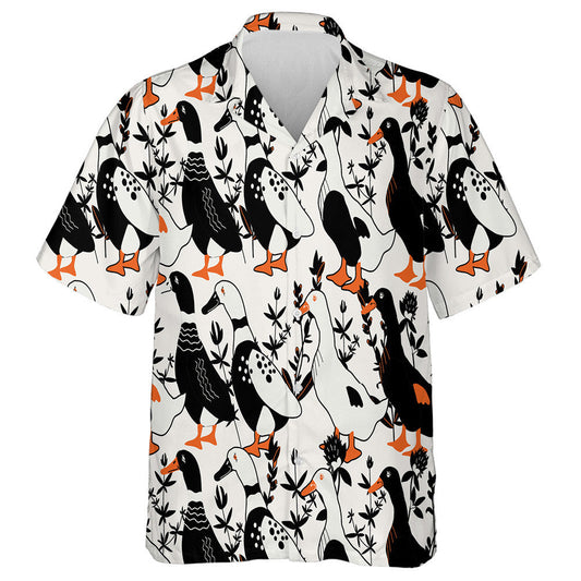 Cartoon Black White Ducks And Herbs Hawaiian Shirt, Hawaiian For Gift