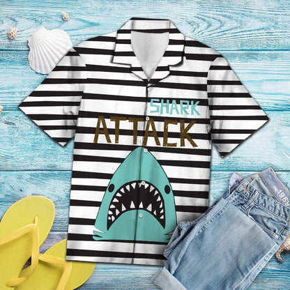 Shark Attack Black And White Horizontal Stripes Hawaiian Shirt, Hawaiian Shirt Gift, Christmas Gift