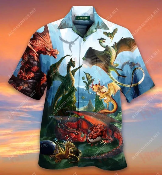 Dragon'S Happiness Is Spending Time With Baby Dragon Short Short Sleeve Shirt Ocean Hawaiian T Shirts Hawaiian Crazy Shirts Hawaiian Shirts For Women_Hawaiian Shirt Gift, Christmas Gift