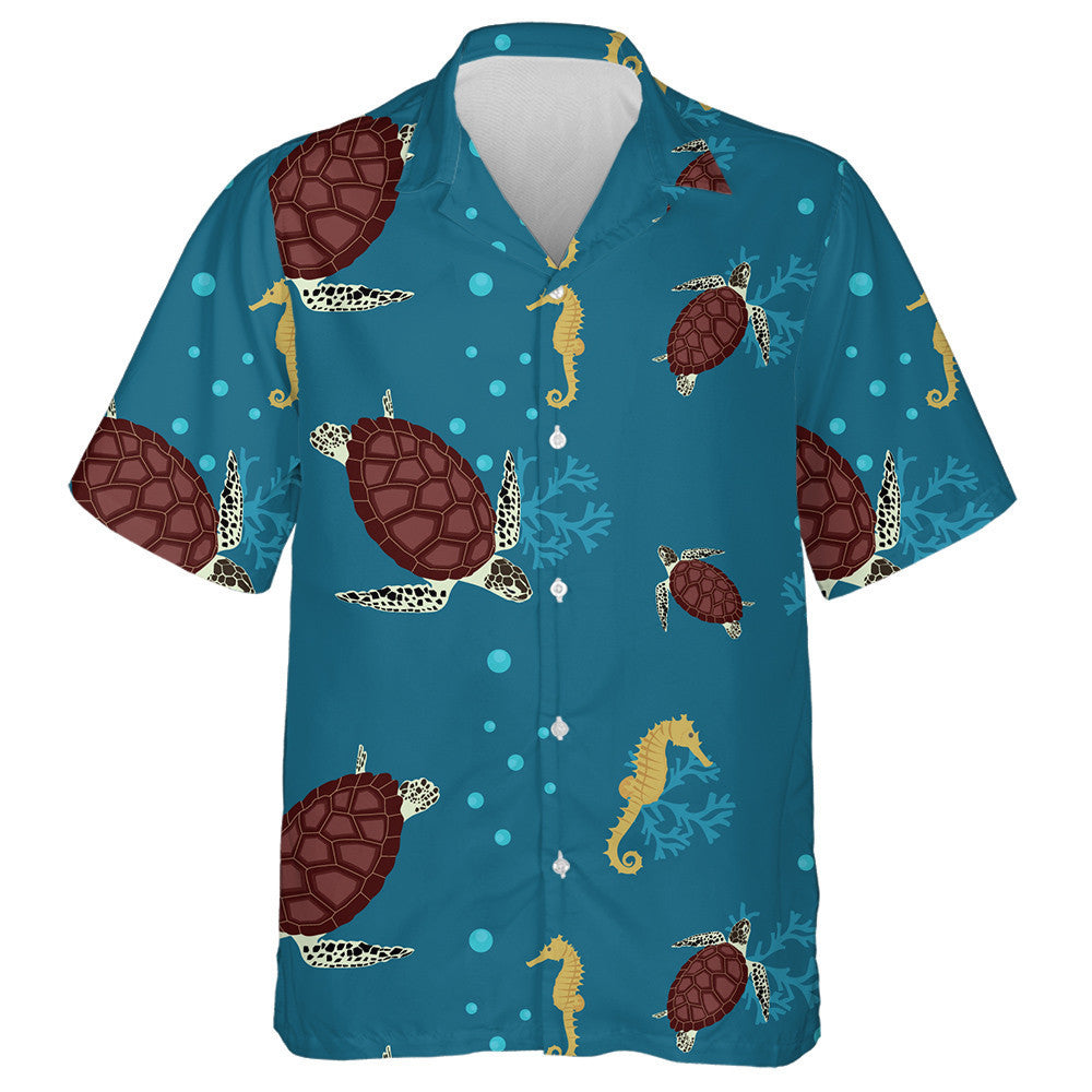 Sea Turtles And Seahorse On A Blue Background Hawaiian Shirt, Hawaiian Shirt Gift, Christmas Gift