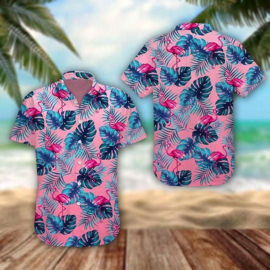Blue Leave Flamingo Ornamental Design Hawaiian Shirt, Hawaiian For Gift