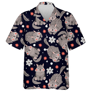 Little Wolfs And Flowers On Black Hawaiian Shirt, Hawaiian For Gift