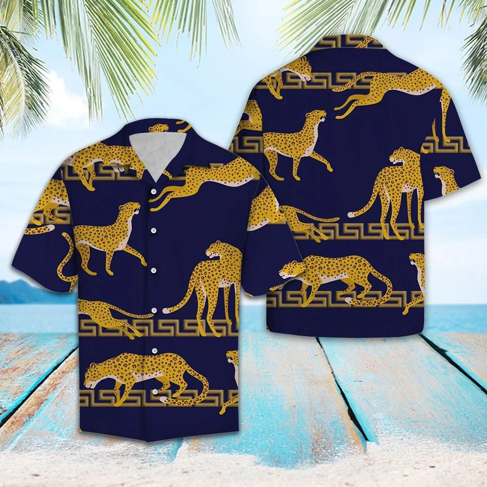 Awesome Leopard Hanging On Navy Background Pattern Hawaiian Shirt, Hawaiian Shirt Gift, Christmas Gift