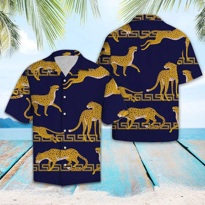 Awesome Leopard Hanging On Navy Background Pattern Hawaiian Shirt, Hawaiian Shirt Gift, Christmas Gift