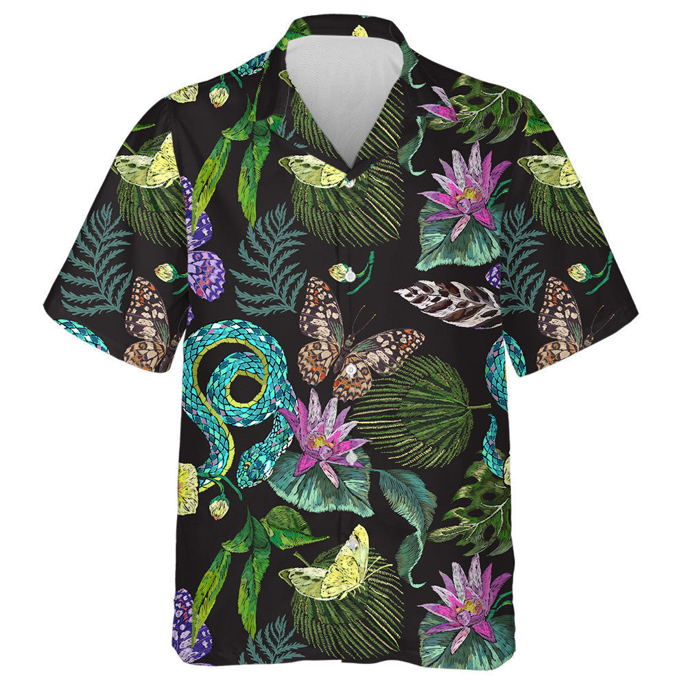 Hand Drawn Butterflies Snake And Tropical Flowers Hawaiian Shirt, Hawaiian Shirt Gift, Christmas Gift