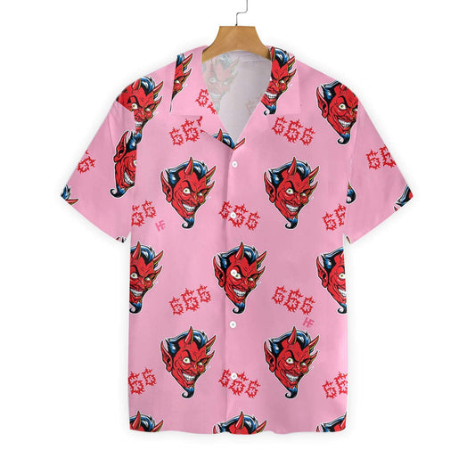 Red Devil Face On Pink Background Hawaiian Shirt,Hawaiian Shirt Gift, Christmas Gift