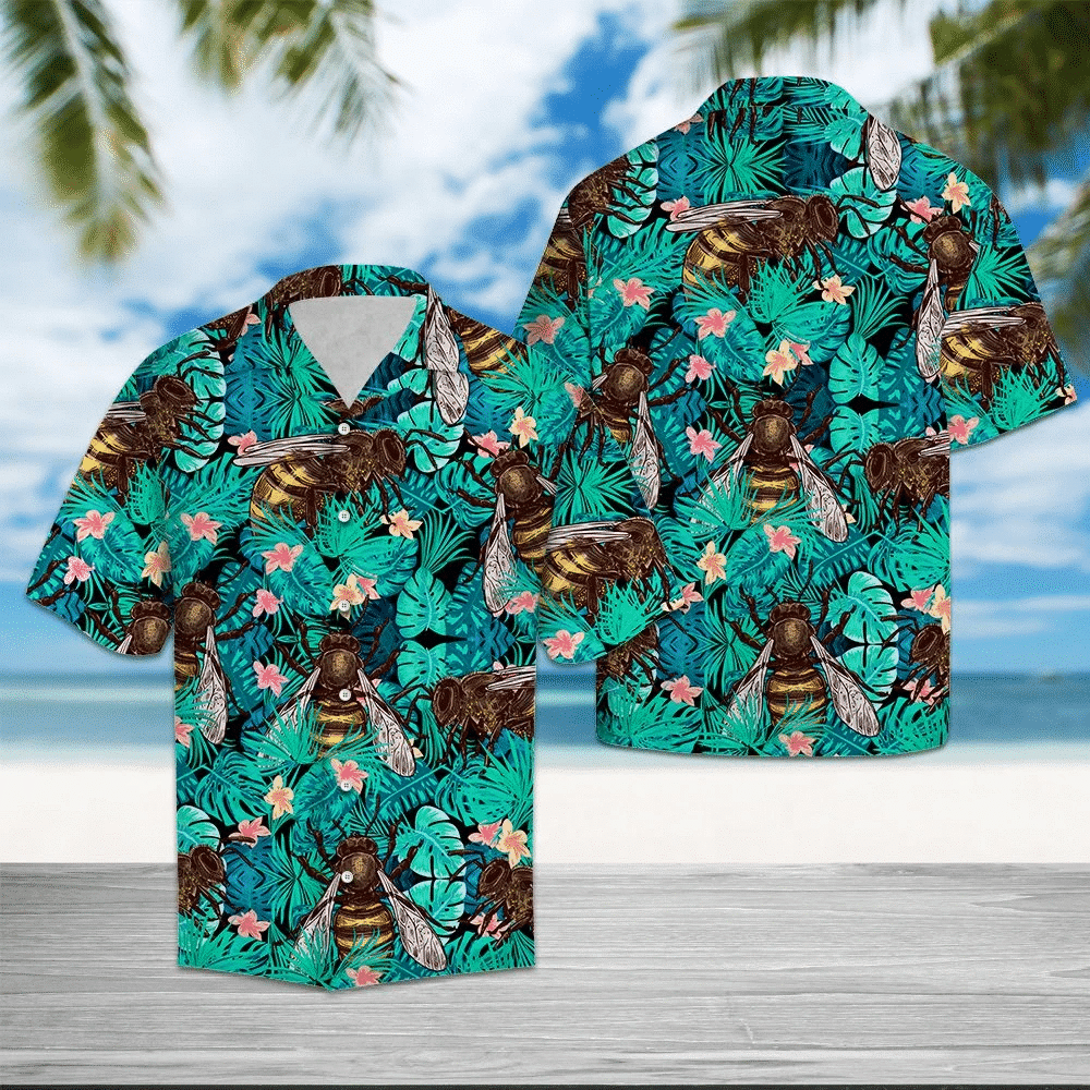 Bee Tropical Flower And Leave Pattern Hawaiian Shirt, Hawaiian For Gift