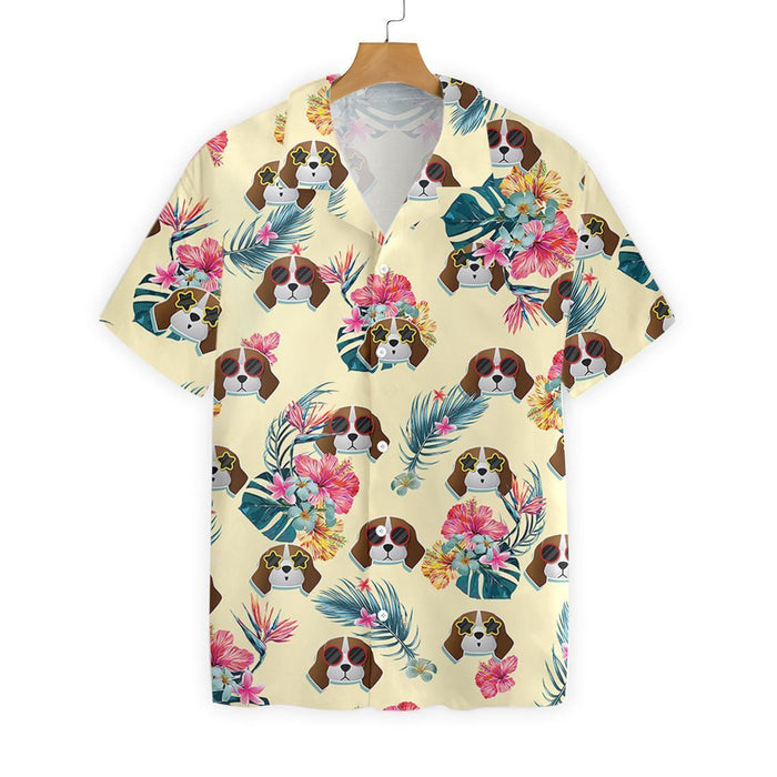 Beagles And Tropical Flowers Light Yellow Background Hawaiian Shirt, Hawaiian Shirt Gift, Christmas Gift