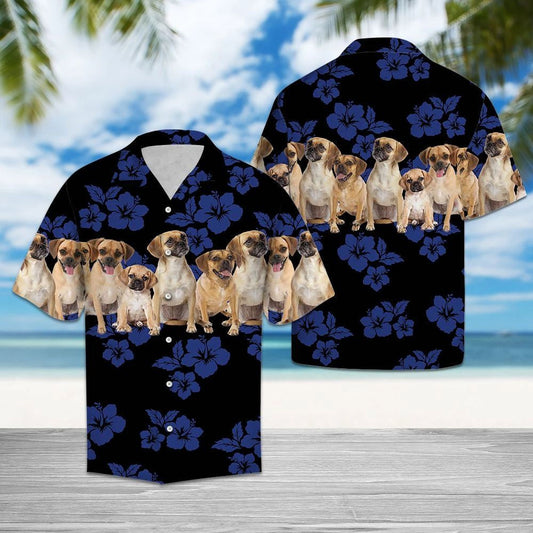 Blue Hibiscus With Pug Dogs In Black Hawaiian Shirt, Hawaiian Shirt Gift, Christmas Gift