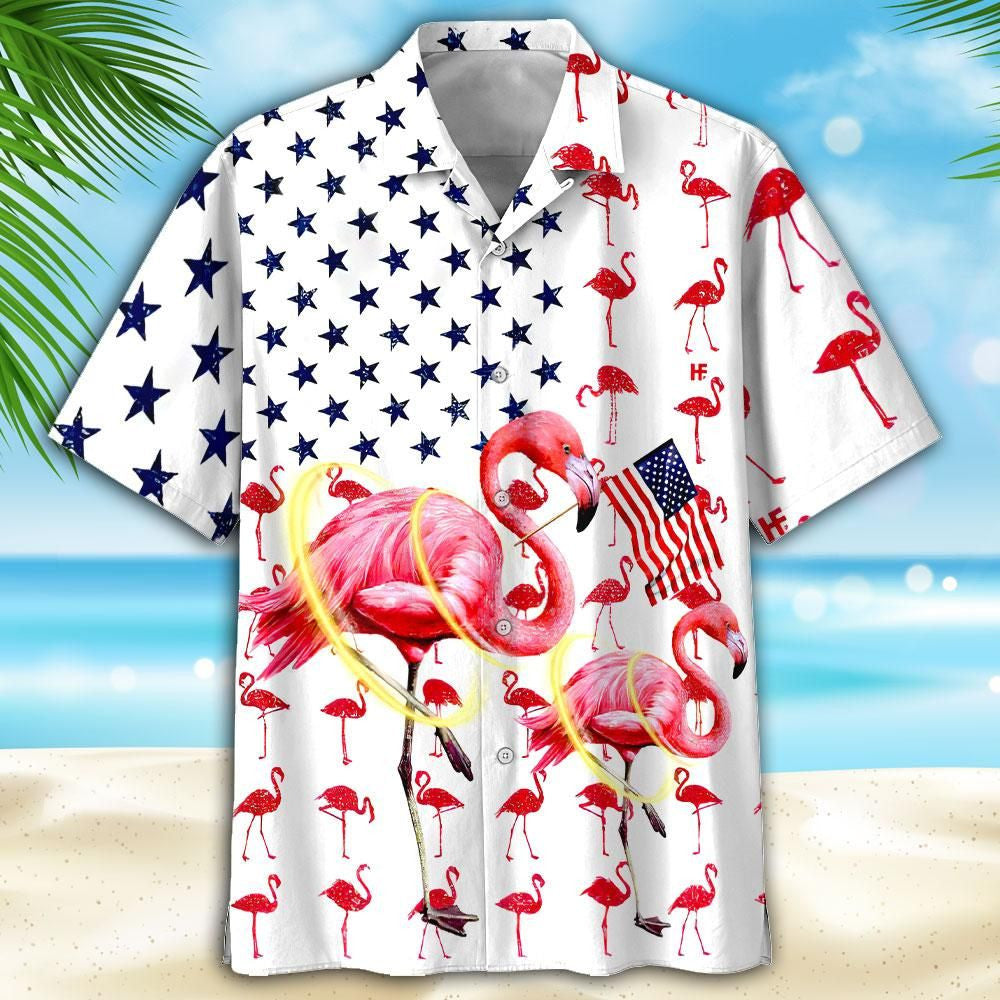 Flag And Flamingo Background Hawaiian Shirt,Hawaiian Shirt Gift, Christmas Gift