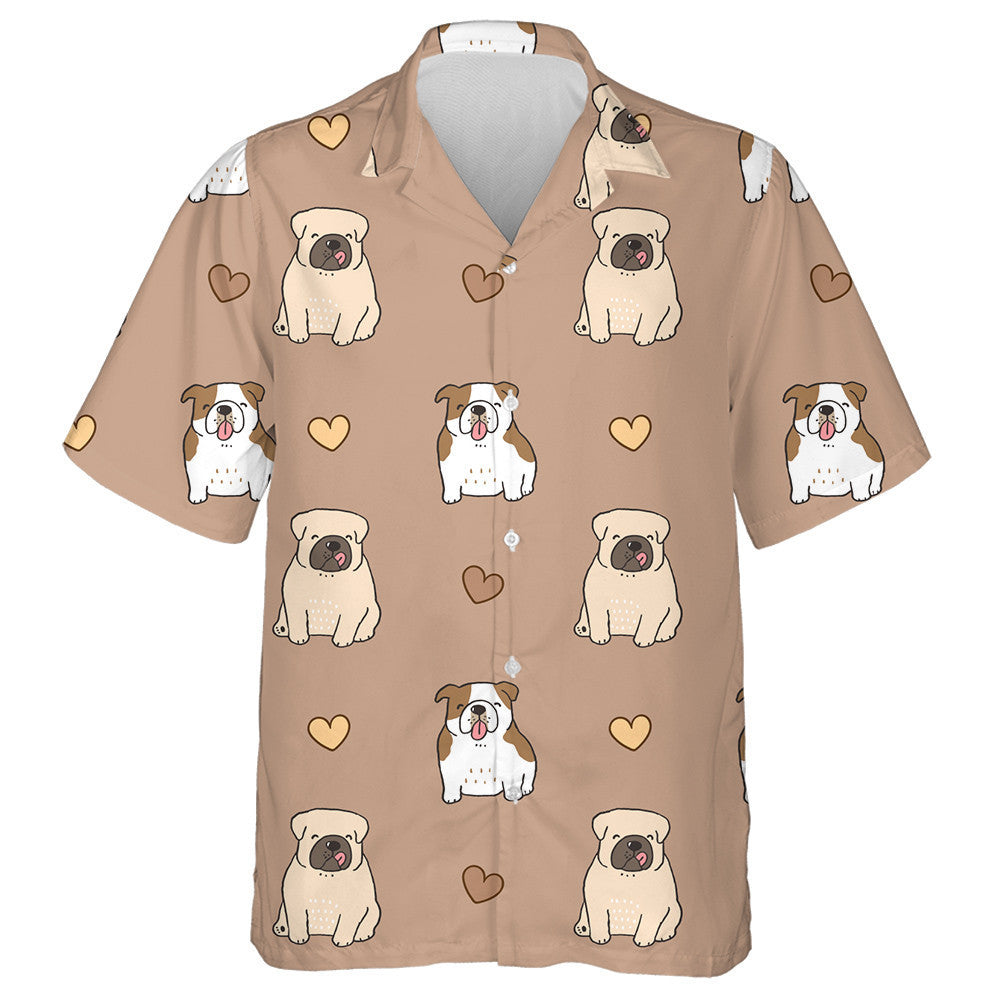 Cartoon Bulldog And Heart On Brown Background Hawaiian Shirt, Hawaiian Shirt Gift, Christmas Gift