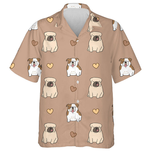 Cartoon Bulldog And Heart On Brown Background Hawaiian Shirt, Hawaiian Shirt Gift, Christmas Gift