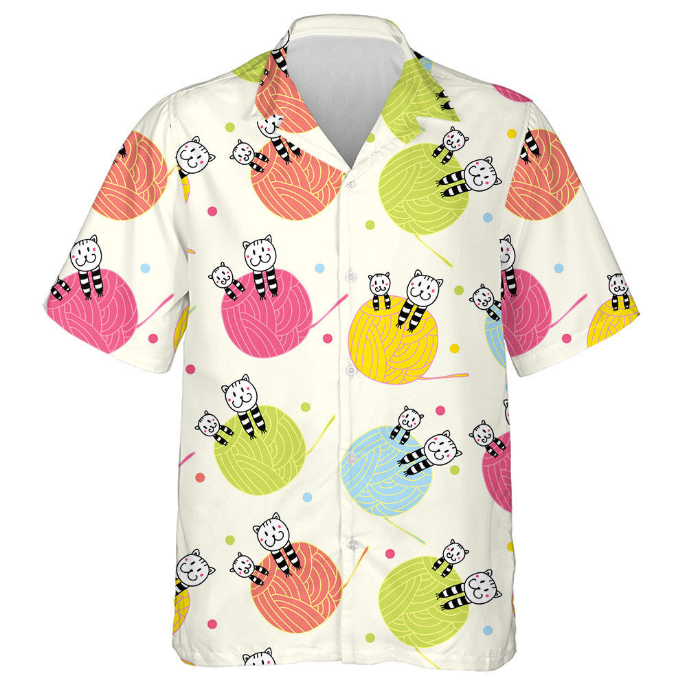 Cats And Balls Of Yarn On White Hawaiian Shirt, Hawaiian For Gift