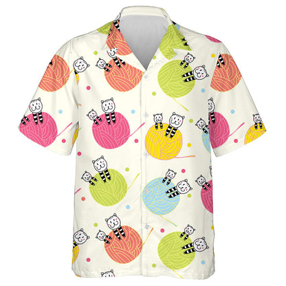 Cats And Balls Of Yarn On White Hawaiian Shirt, Hawaiian For Gift