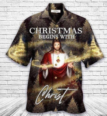 Christmas Begins With Christ Pine Tree Background Hawaiian Shirt, Hawaiian Shirt Gift, Christmas Gift