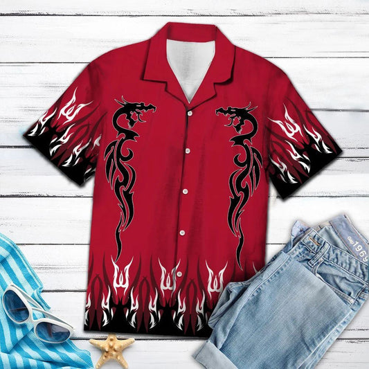 Black Dragon White Flame In Red Hawaiian Shirt, Hawaiian For Gift