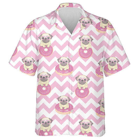 Funny Bulldog And Donut On Pink Zigzag Hawaiian Shirt, Hawaiian Shirt Gift, Christmas Gift