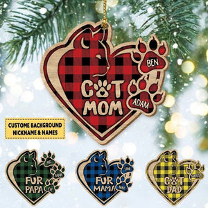 Christmas Cat Mom Heart Plaid Pattern Wood Ornament For Cat Mom Gifts,Christmas Gift,Christmas Decoration