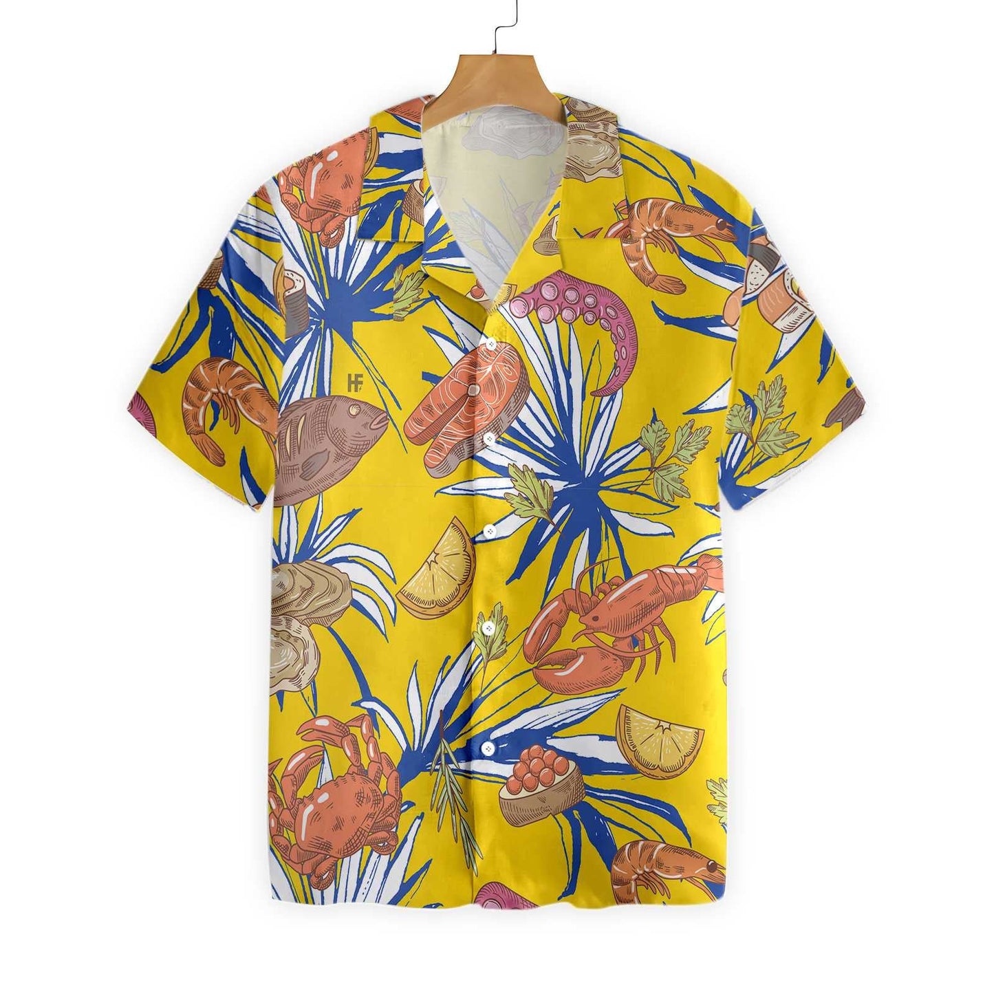 Tropical Floral Seafood On Yellow Design Hawaiian Shirt,Hawaiian Shirt Gift, Christmas Gift