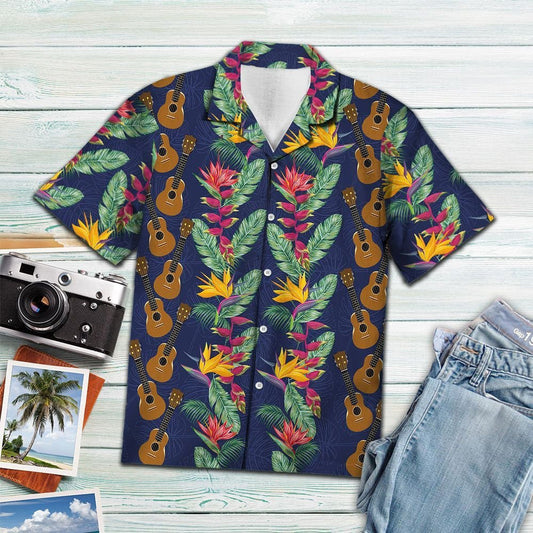 Golden Ukulele With Paradise Flowers And Leaves Hawaiian Shirt, Hawaiian Shirt Gift, Christmas Gift