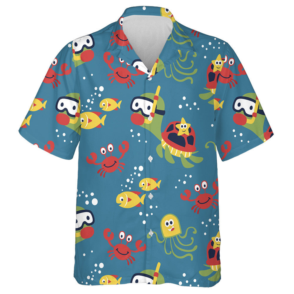 Marine Life Cartoon Turtle And Crab Hawaiian Shirt,Hawaiian Shirt Gift, Christmas Gift