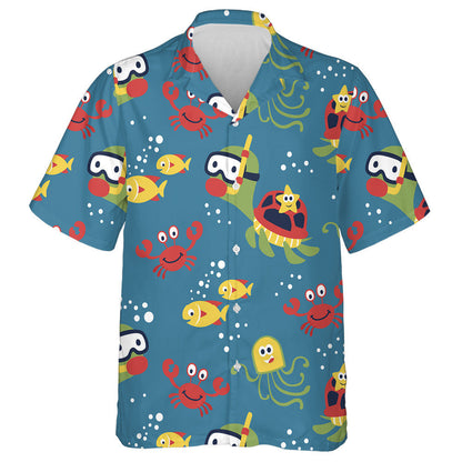 Marine Life Cartoon Turtle And Crab Hawaiian Shirt,Hawaiian Shirt Gift, Christmas Gift