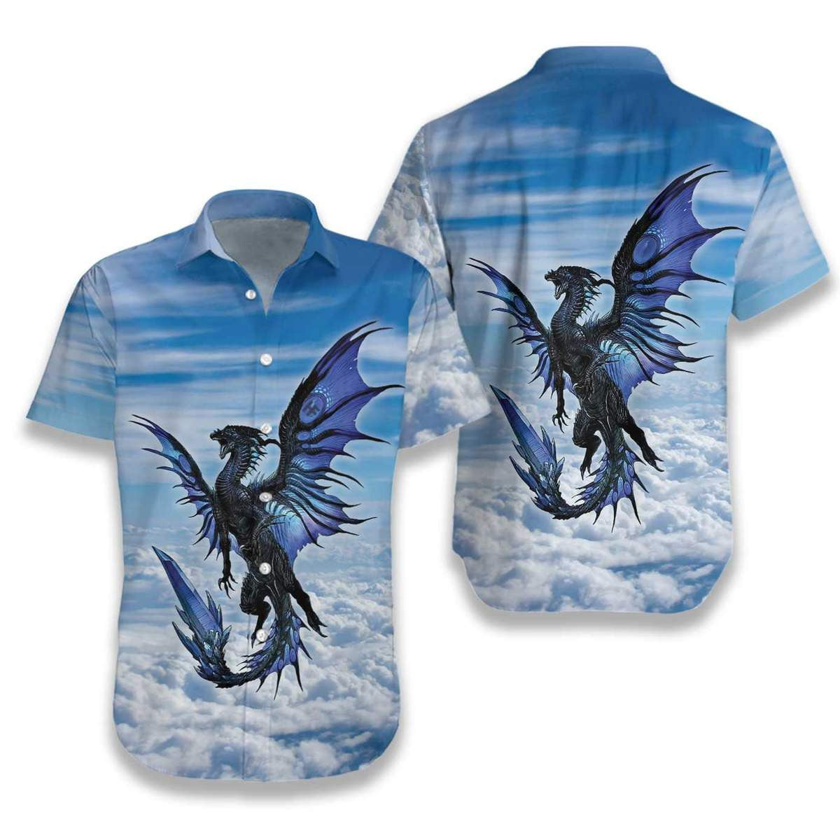 Blue Dragon On Blue Sky Pattern Hawaiian Shirt, Hawaiian For Gift