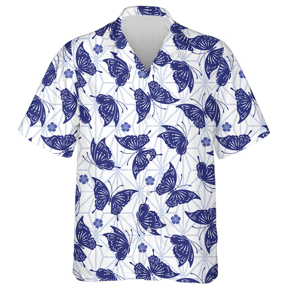 Hand Drawn Japanese Butterfly And Purple Flora Hawaiian Shirt, Hawaiian Shirt Gift, Christmas Gift