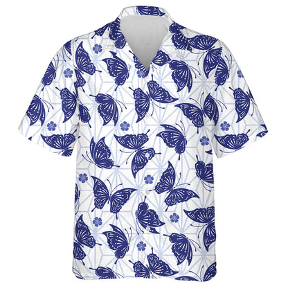 Hand Drawn Japanese Butterfly And Purple Flora Hawaiian Shirt, Hawaiian Shirt Gift, Christmas Gift