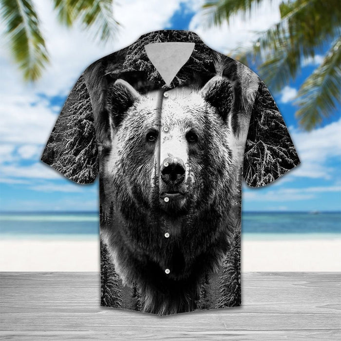 Wild Bear Black And White Portrait Design Themed Hawaiian Shirt, Hawaiian Shirt Gift, Christmas Gift