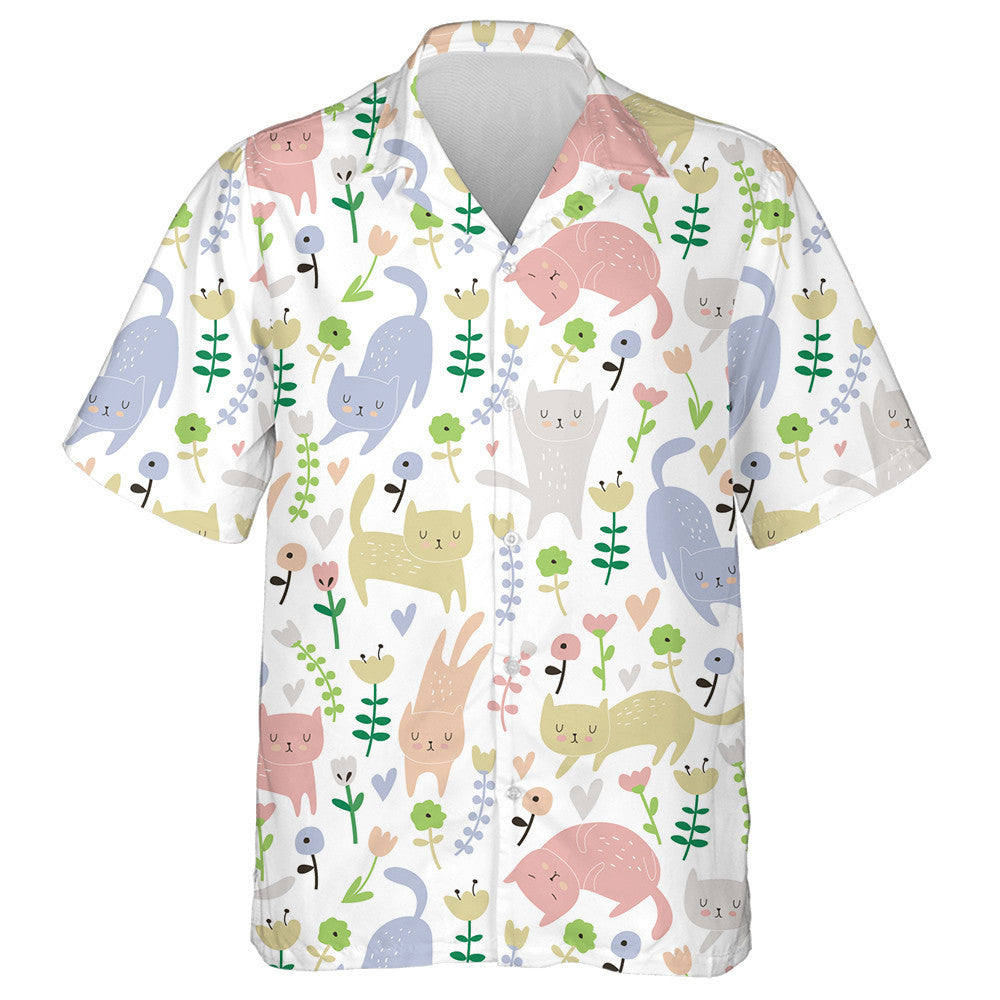 Funny Cats And Flowers In Cartoon Style Hawaiian Shirt, Hawaiian Shirt Gift, Christmas Gift