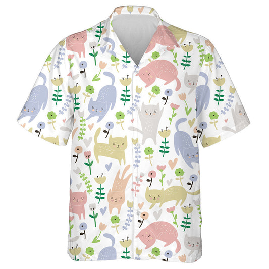 Funny Cats And Flowers In Cartoon Style Hawaiian Shirt, Hawaiian Shirt Gift, Christmas Gift