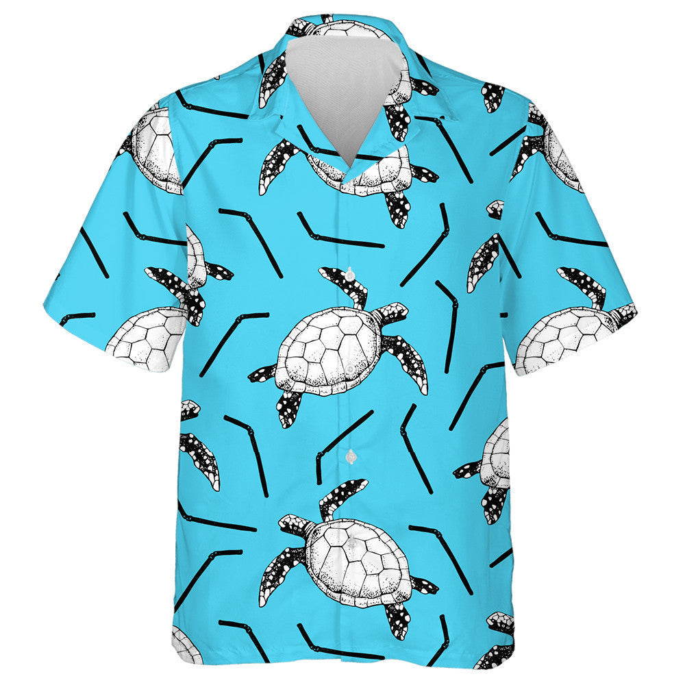 Hand Drawn Sea Turtles And Plastic Straws Hawaiian Shirt, Hawaiian Shirt Gift, Christmas Gift