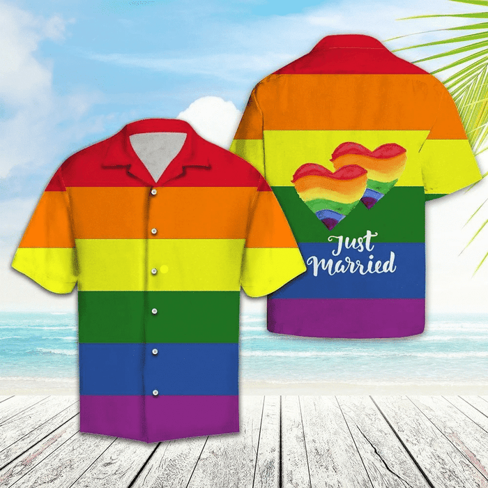 Just Married Colorful Rainbow Pattern Hawaiian Shirt, Hawaiian For Gift